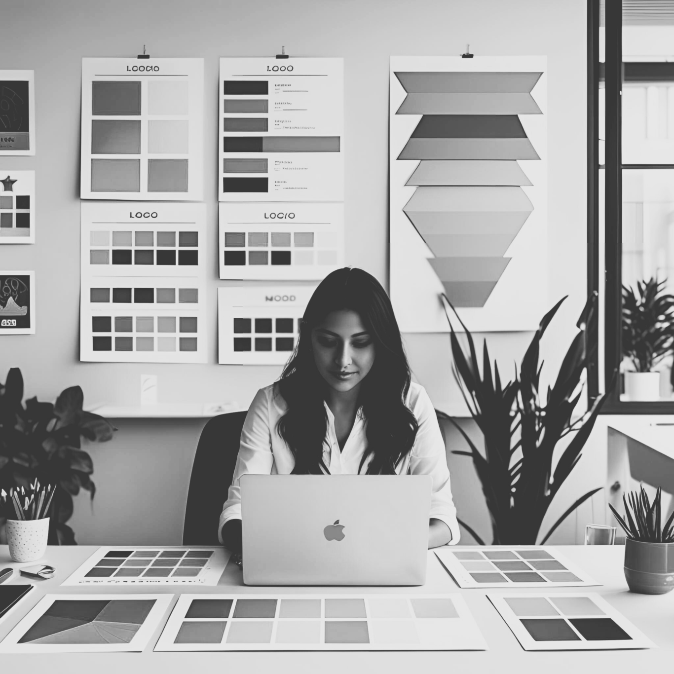 Frau arbeitet an Corporate Design Zu sehen ist eine Frau am Laptop, sie arbeitet am Corporate Design, an der Wand hängen Farben und Bilder passend dazu.