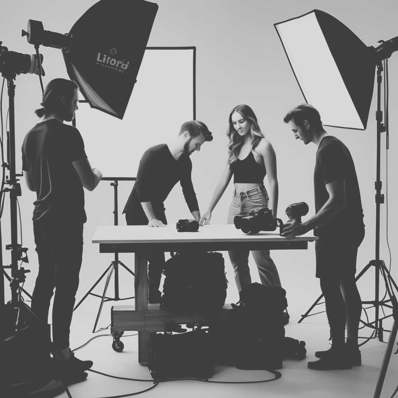 Content Produktionen Ein Team von vier Personen in einem Fotostudio, die gerade ein Set einräumen. Es ist bisher Licht und ein weißer Font/Hohlkehle aufgebaut.