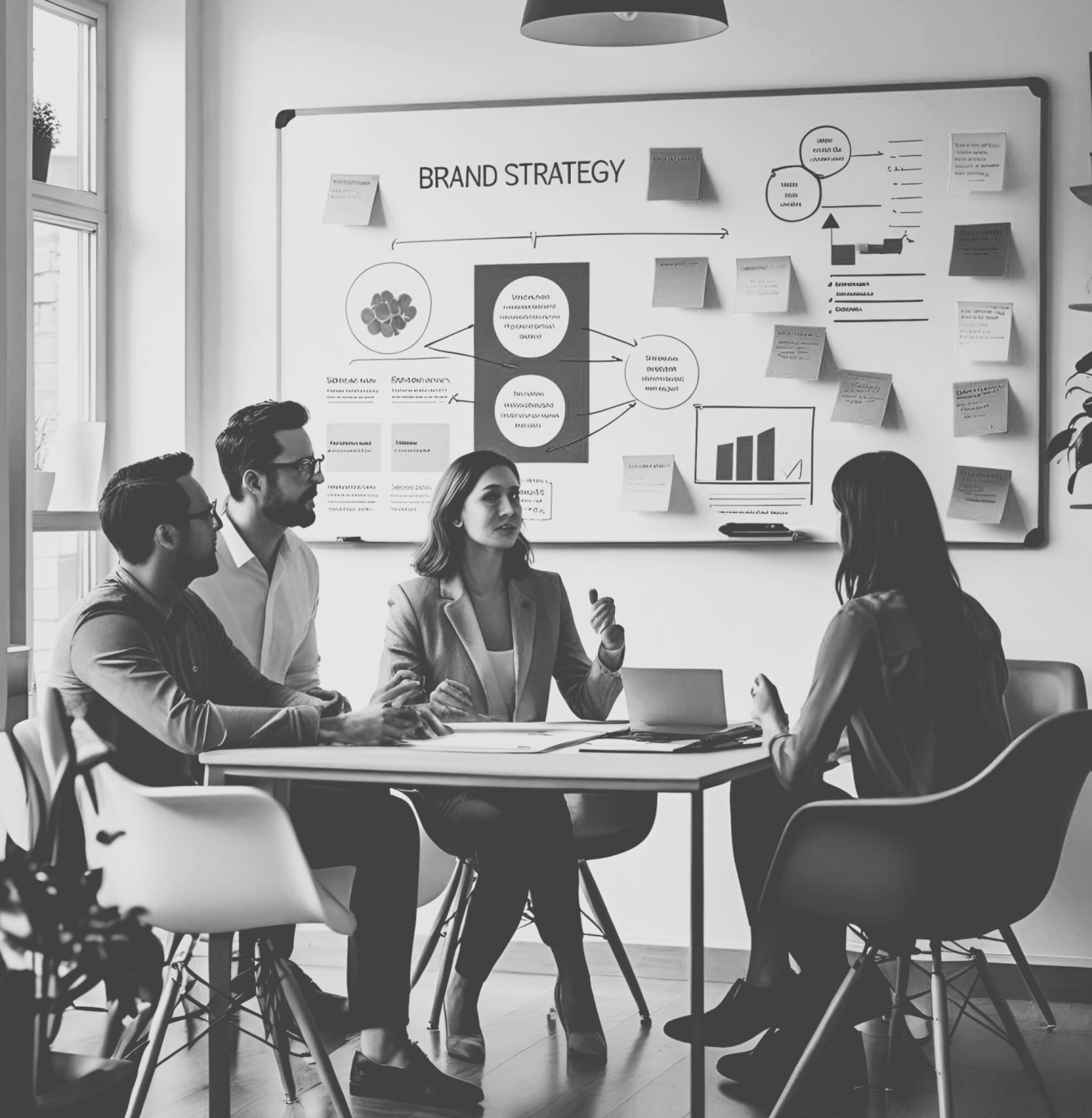 Markenentwicklung & Führung Workshop Zu sehen ist eine Gruppe von 4 Personen (Männlich und weiblich), die gerade am Tisch sitzen und brainstormen.